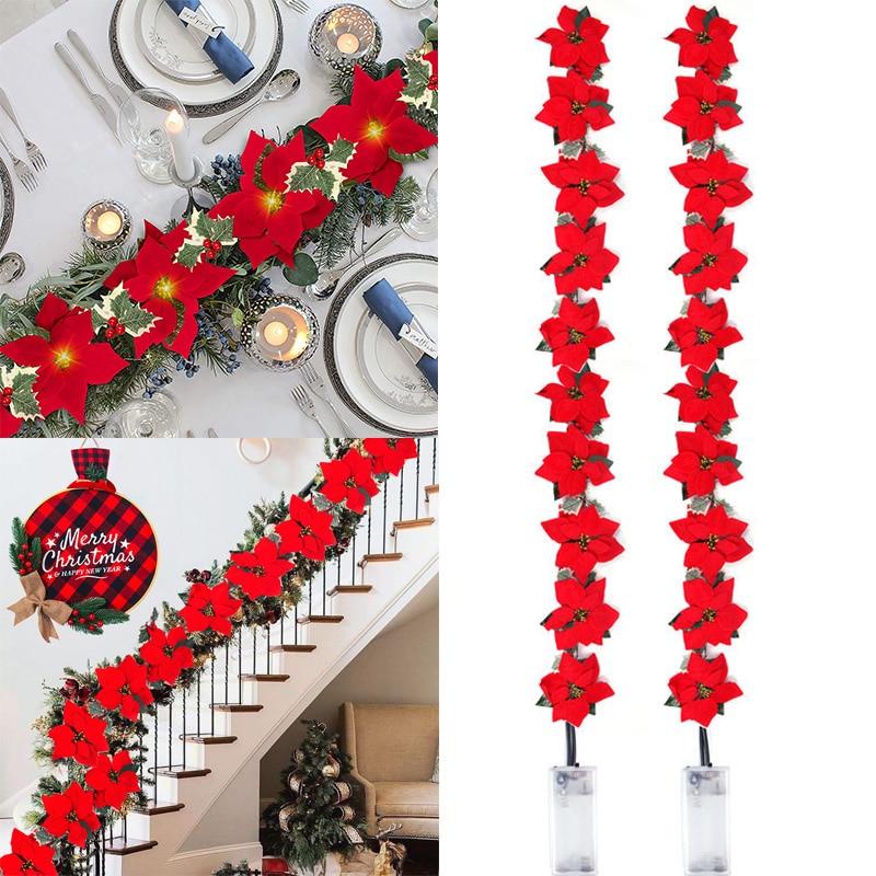 Xmas Outdoor Lighting Decorations - 2/3m Christmas Poinsettia Flower Garland String